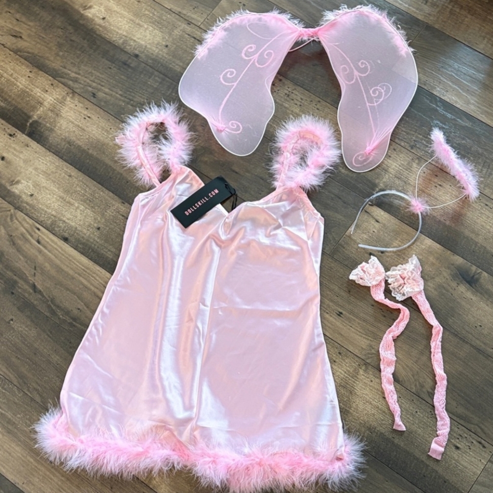 Dolls Kill × Trickz N Treats 4pc Pink Satin Marabou Trim Angel/Fairy Costume (M)